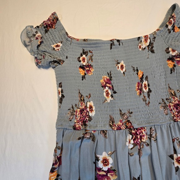 Xhilaration Blue Floral Smocked Off Shoulder Ruffle Hem Midi Dress Medium - Picture 8 of 11